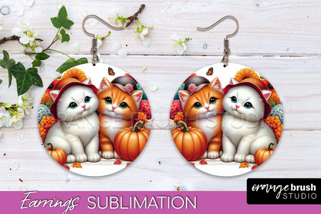 Fall Cat Round Earrings -Thanksgiving Earring Sublimation Sublimation OrangeBrushStudio 