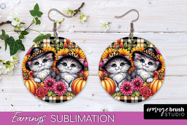 Fall Cat Round Earrings -Thanksgiving Earring Sublimation Sublimation OrangeBrushStudio 