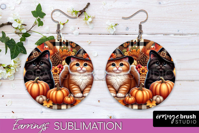 Fall Cat Round Earrings -Thanksgiving Earring Sublimation Sublimation OrangeBrushStudio 