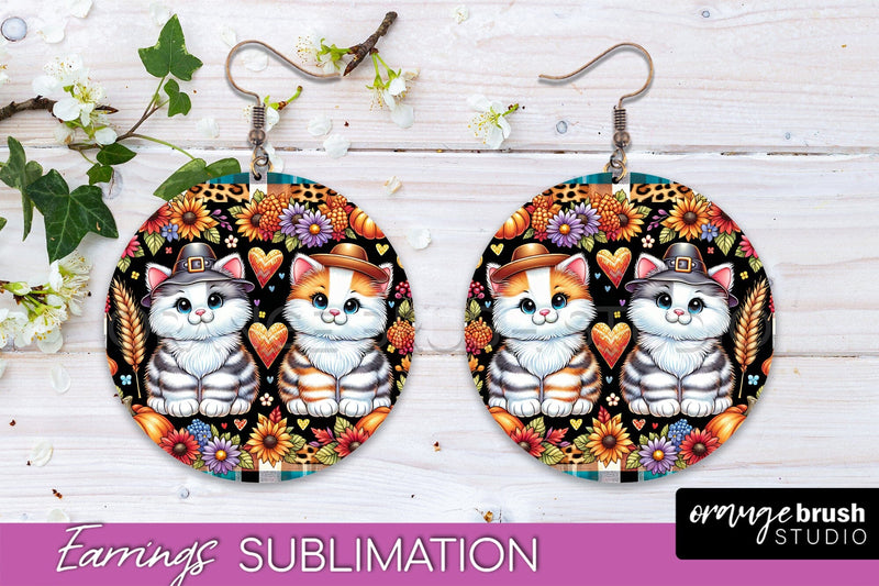 Fall Cat Round Earrings -Thanksgiving Earring Sublimation Sublimation OrangeBrushStudio 