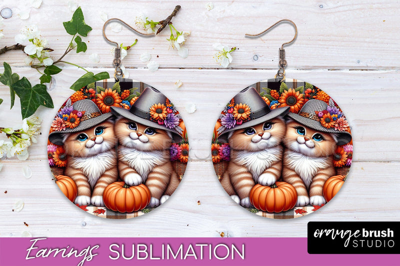 Fall Cat Round Earrings -Thanksgiving Earring Sublimation Sublimation OrangeBrushStudio 