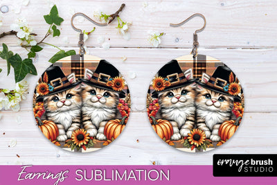 Fall Cat Round Earrings -Thanksgiving Earring Sublimation Sublimation OrangeBrushStudio 
