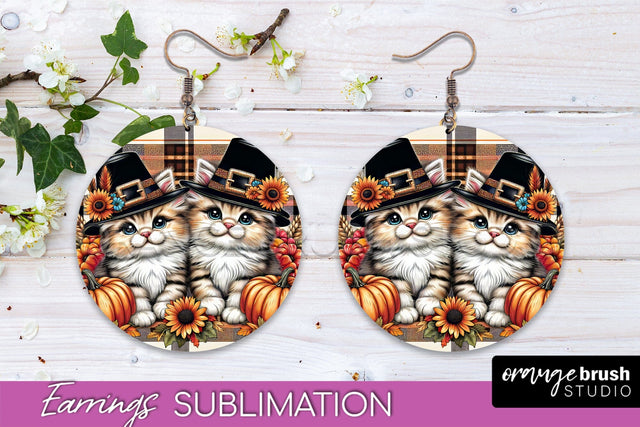 Fall Cat Round Earrings -Thanksgiving Earring Sublimation Sublimation OrangeBrushStudio 