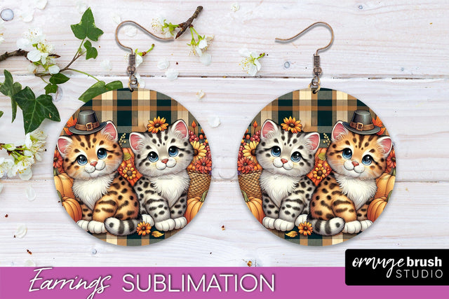 Fall Cat Round Earrings -Thanksgiving Earring Sublimation Sublimation OrangeBrushStudio 