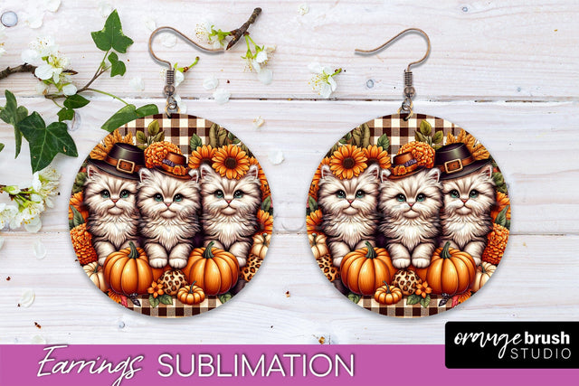 Fall Cat Round Earrings -Thanksgiving Earring Sublimation Sublimation OrangeBrushStudio 