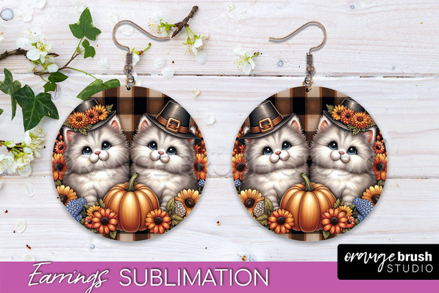 Fall Cat Round Earrings -Thanksgiving Earring Sublimation Sublimation OrangeBrushStudio 