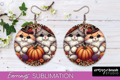 Fall Cat Round Earrings -Thanksgiving Earring Sublimation Sublimation OrangeBrushStudio 