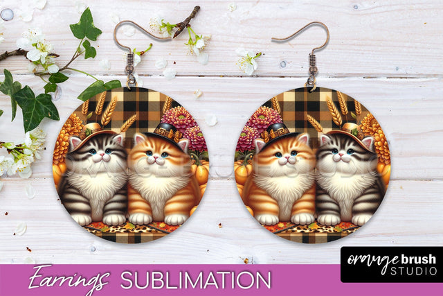 Fall Cat Round Earrings -Thanksgiving Earring Sublimation Sublimation OrangeBrushStudio 