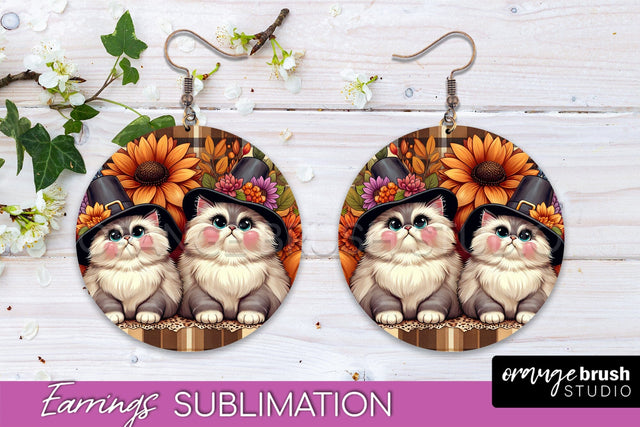 Fall Cat Round Earrings -Thanksgiving Earring Sublimation Sublimation OrangeBrushStudio 