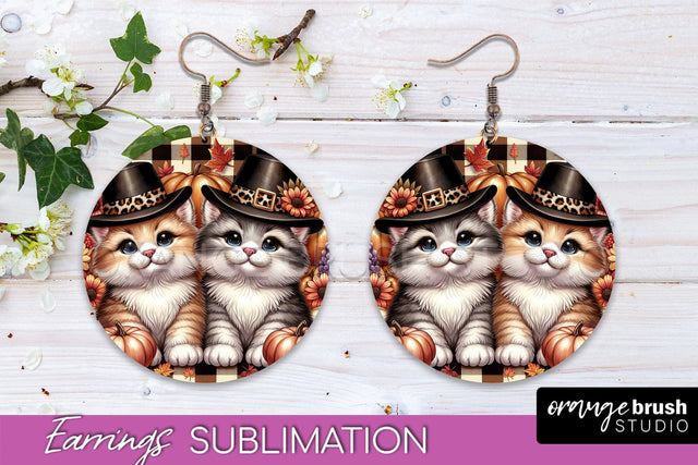 Fall Cat Round Earrings -Thanksgiving Earring Sublimation Sublimation OrangeBrushStudio 