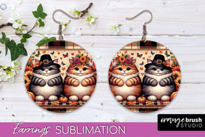 Fall Cat Round Earrings -Thanksgiving Earring Sublimation Sublimation OrangeBrushStudio 