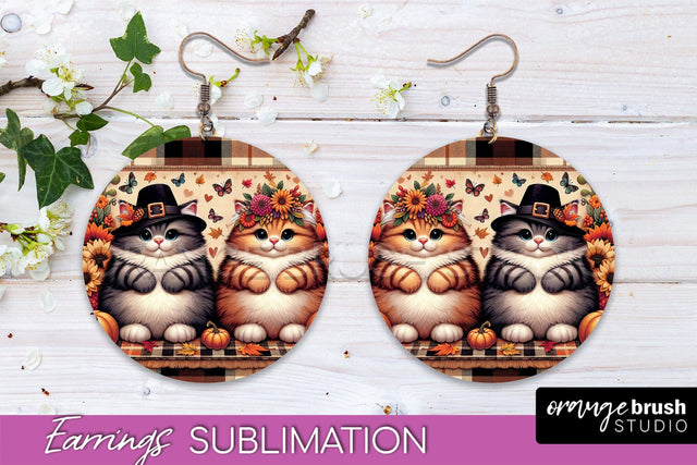 Fall Cat Round Earrings -Thanksgiving Earring Sublimation Sublimation OrangeBrushStudio 