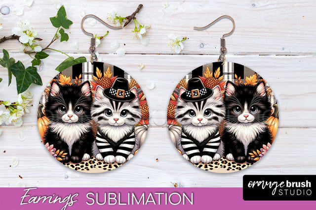 Fall Cat Round Earrings -Thanksgiving Earring Sublimation Sublimation OrangeBrushStudio 