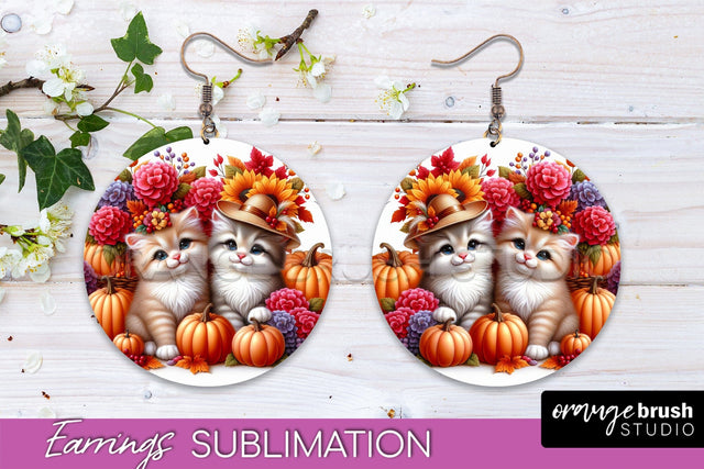 Fall Cat Round Earrings -Thanksgiving Earring Sublimation Sublimation OrangeBrushStudio 