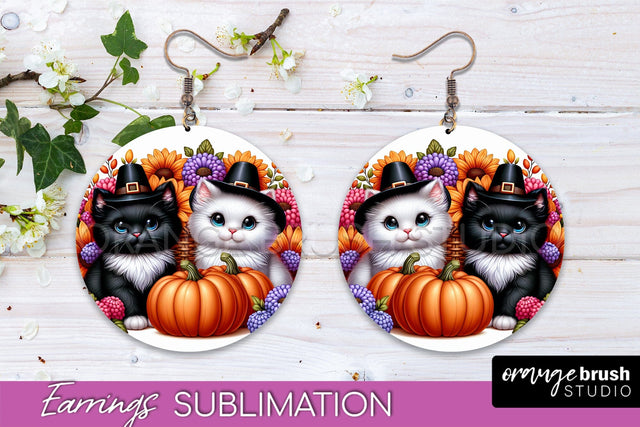 Fall Cat Round Earrings -Thanksgiving Earring Sublimation Sublimation OrangeBrushStudio 