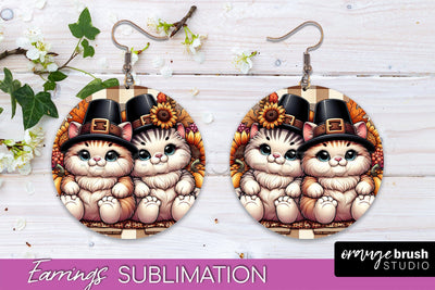 Fall Cat Round Earrings -Thanksgiving Earring Sublimation Sublimation OrangeBrushStudio 