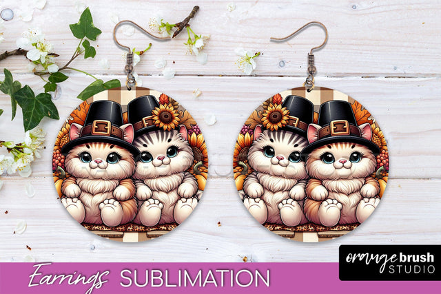 Fall Cat Round Earrings -Thanksgiving Earring Sublimation Sublimation OrangeBrushStudio 