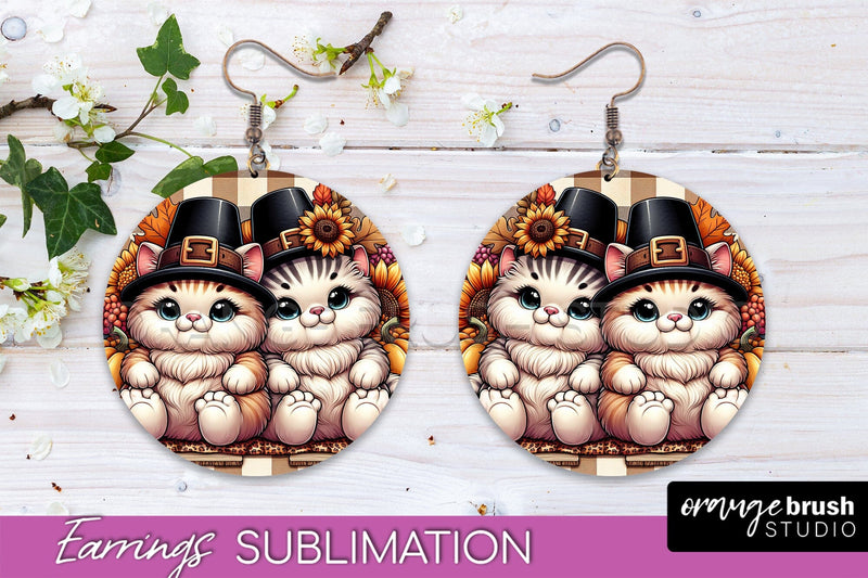 Fall Cat Round Earrings -Thanksgiving Earring Sublimation Sublimation OrangeBrushStudio 