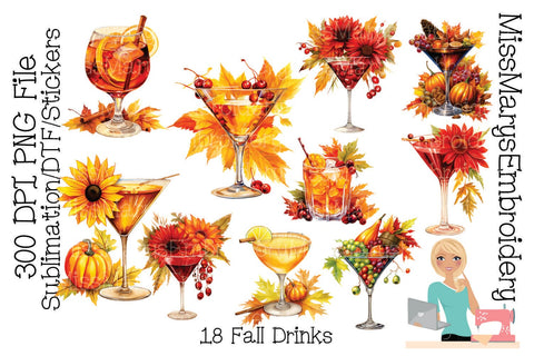 Fall Cocktail Drinks PNG | Fall Sublimation | Autumn PNG | Direct To Film | Printing 300 dpi | Thanksgiving PNG Sublimation MissMarysEmbroidery 