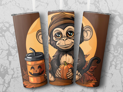 Fall Coffee Monkey Sublimation Tumbler Wrap Sublimation Fine Purple Elephant Creations 