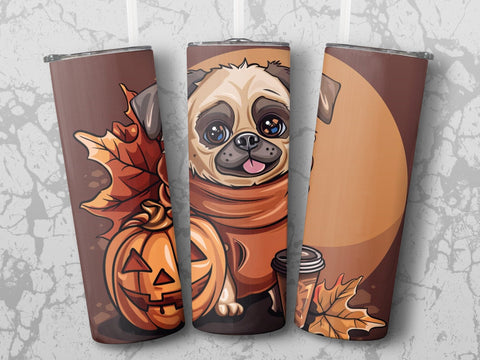 Fall Coffee Pug Dog Sublimation Tumbler Wrap Sublimation Fine Purple Elephant Creations 
