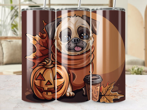 Fall Coffee Pug Dog Sublimation Tumbler Wrap Sublimation Fine Purple Elephant Creations 