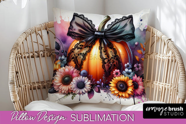 Fall Coquette Pillow Cover - Pumpkin Pillow Sublimation Sublimation OrangeBrushStudio 