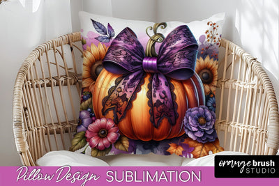 Fall Coquette Pillow Cover - Pumpkin Pillow Sublimation Sublimation OrangeBrushStudio 