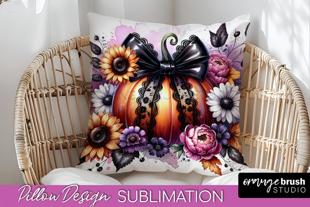 Fall Coquette Pillow Cover - Pumpkin Pillow Sublimation Sublimation OrangeBrushStudio 