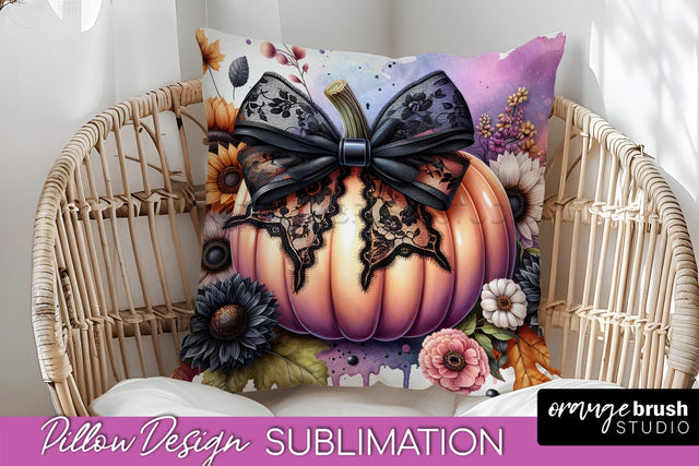 Fall Coquette Pillow Cover - Pumpkin Pillow Sublimation Sublimation OrangeBrushStudio 