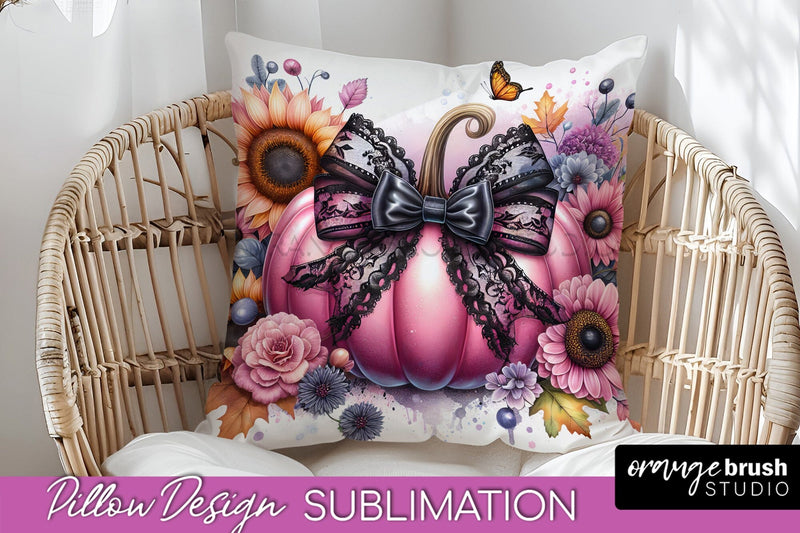 Fall Coquette Pillow Cover - Pumpkin Pillow Sublimation Sublimation OrangeBrushStudio 