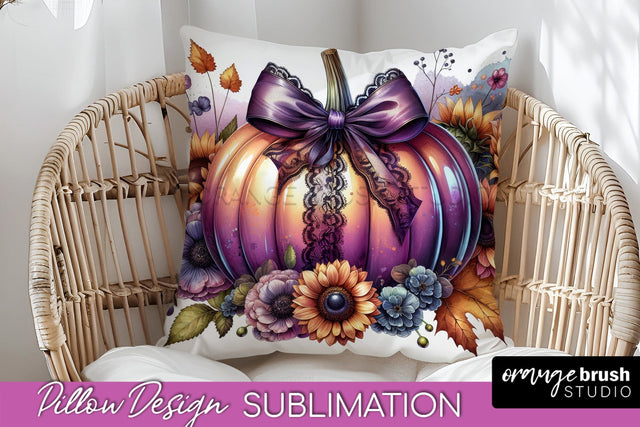 Fall Coquette Pillow Cover - Pumpkin Pillow Sublimation Sublimation OrangeBrushStudio 