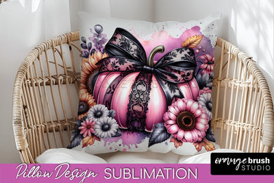 Fall Coquette Pillow Cover - Pumpkin Pillow Sublimation Sublimation OrangeBrushStudio 