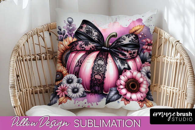 Fall Coquette Pillow Cover - Pumpkin Pillow Sublimation Sublimation OrangeBrushStudio 