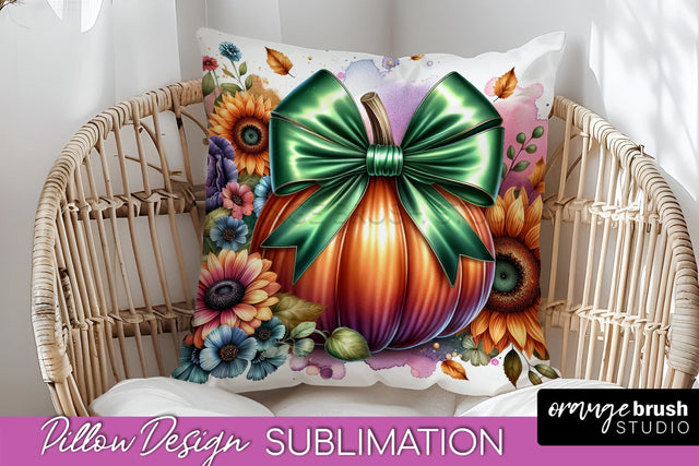 Fall Coquette Pillow Cover - Pumpkin Pillow Sublimation Sublimation OrangeBrushStudio 