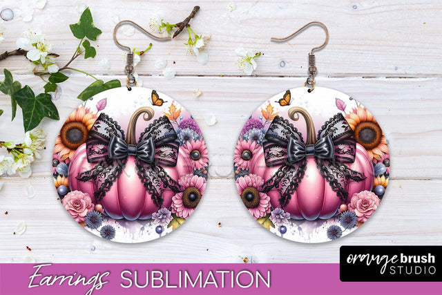 Fall Coquette Round Earrings - Pumpkin Earring Sublimation Sublimation OrangeBrushStudio 