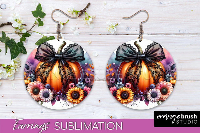 Fall Coquette Round Earrings - Pumpkin Earring Sublimation Sublimation OrangeBrushStudio 