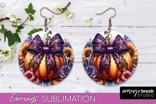 Fall Coquette Round Earrings - Pumpkin Earring Sublimation Sublimation OrangeBrushStudio 