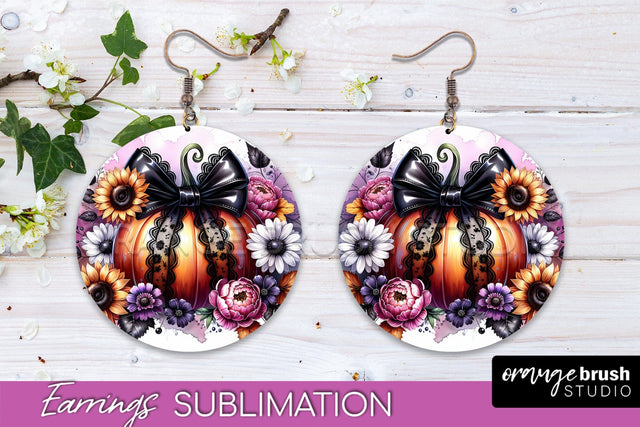 Fall Coquette Round Earrings - Pumpkin Earring Sublimation Sublimation OrangeBrushStudio 