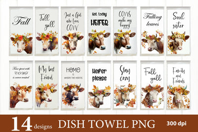 Fall Cow Dish Towel PNG Bundle. Kitchen Towel Bundle Sublimation Olga Terlyanskaya 