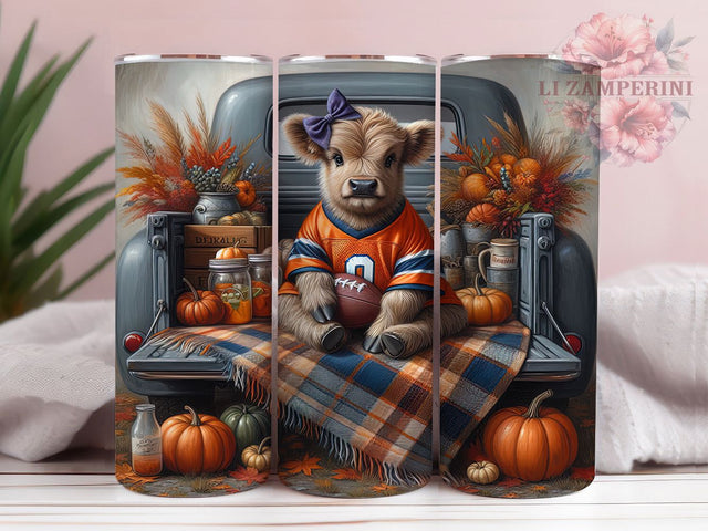 Fall Cow & Football Truck Tumbler Wrap, Highland Cow Tumbler, Football Truck Wrap, 20oz Skinny Tumbler, Autumn Sublimation Design, Farm Animal PNG, Country Truck Tumbler Sublimation Li Zamperini 
