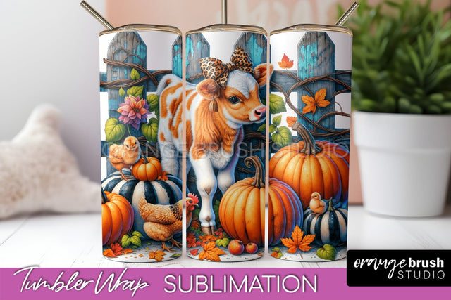 Fall Cow Tumbler Wrap - Autumn Tumbler Sublimation Sublimation OrangeBrushStudio 