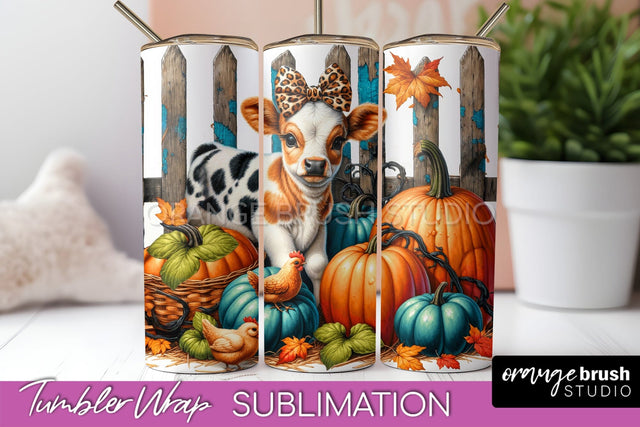 Fall Cow Tumbler Wrap - Autumn Tumbler Sublimation Sublimation OrangeBrushStudio 
