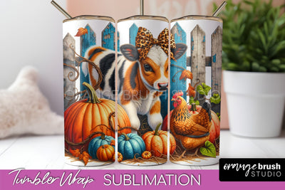 Fall Cow Tumbler Wrap - Autumn Tumbler Sublimation Sublimation OrangeBrushStudio 