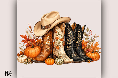 Fall Cowboy Boots and Pumpkins PNG Sublimation SVGArt 