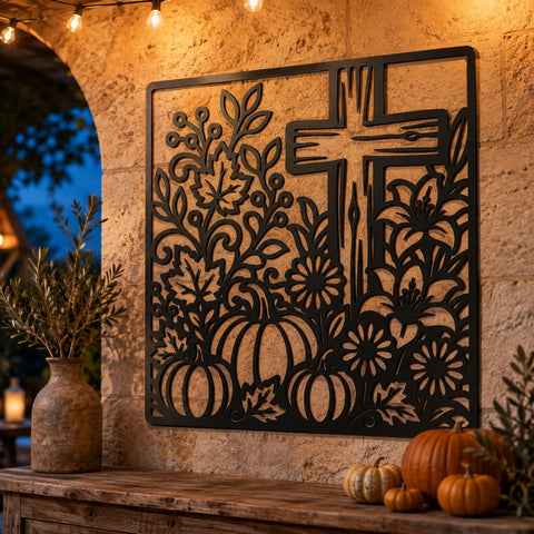 Fall Cross Floral Laser SVG | Christian Autumn DXF | Pumpkin Cross CNC File | Thanksgiving Metal Wall Art | Faith Decor Svg SVG HappyDesignStudio 