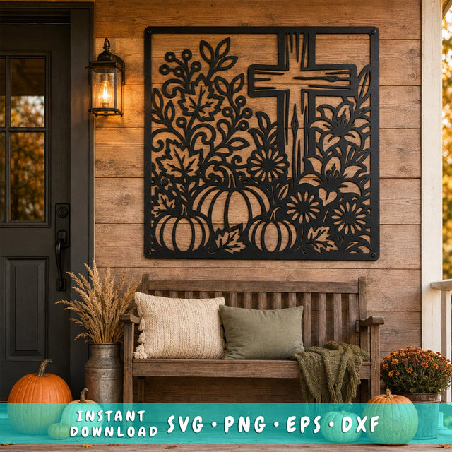 Fall Cross Floral Laser SVG | Christian Autumn DXF | Pumpkin Cross CNC File | Thanksgiving Metal Wall Art | Faith Decor Svg SVG HappyDesignStudio 
