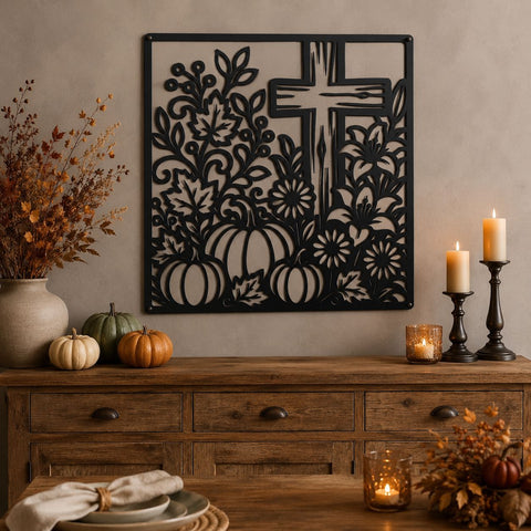 Fall Cross Floral Laser SVG | Christian Autumn DXF | Pumpkin Cross CNC File | Thanksgiving Metal Wall Art | Faith Decor Svg SVG HappyDesignStudio 