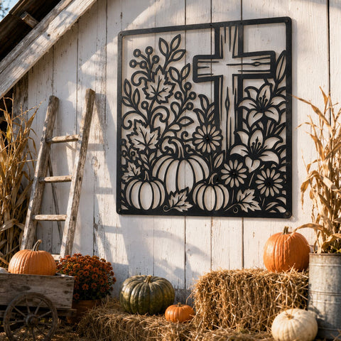 Fall Cross Floral Laser SVG | Christian Autumn DXF | Pumpkin Cross CNC File | Thanksgiving Metal Wall Art | Faith Decor Svg SVG HappyDesignStudio 
