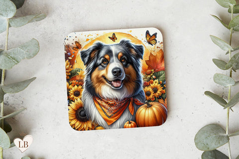 Fall Dog Coaster, Australian Shepherd Square Coaster Sublimation BijouBay 